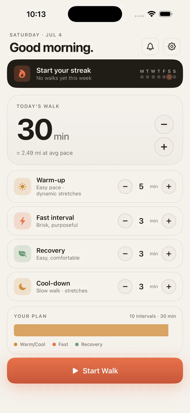 WalkPace Pro home screen with today's walk length and interval plan
