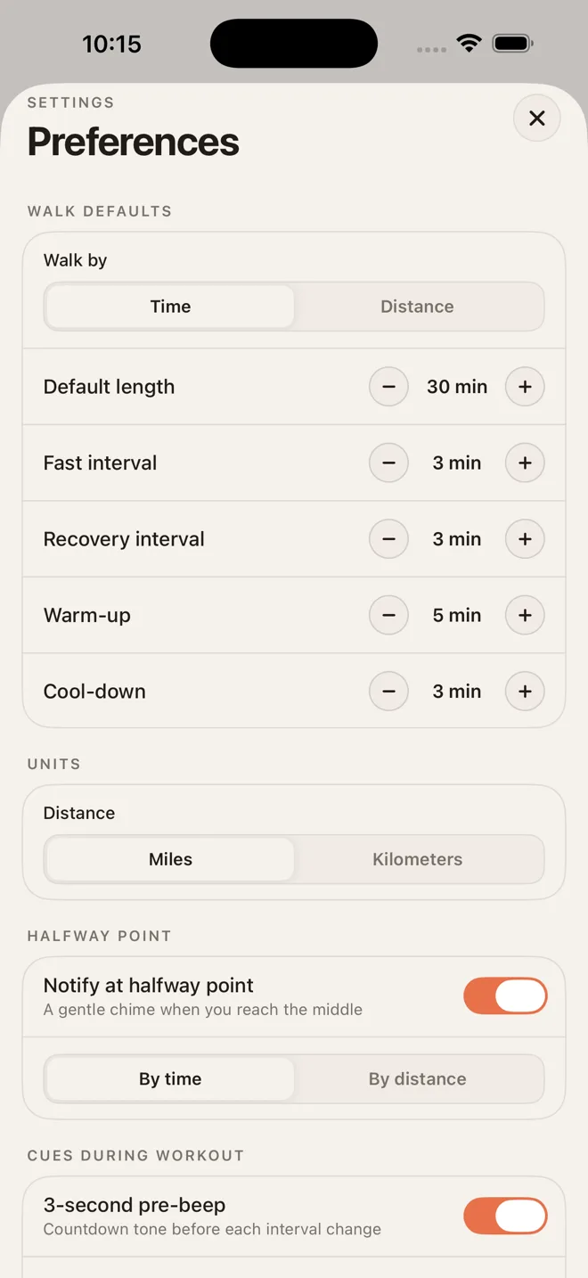 Preferences screen for walk defaults, units and cues