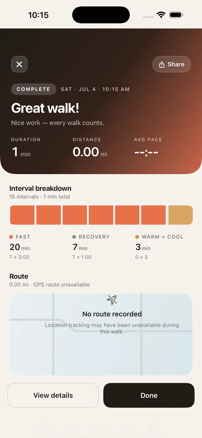 Workout summary with duration, distance and interval breakdown