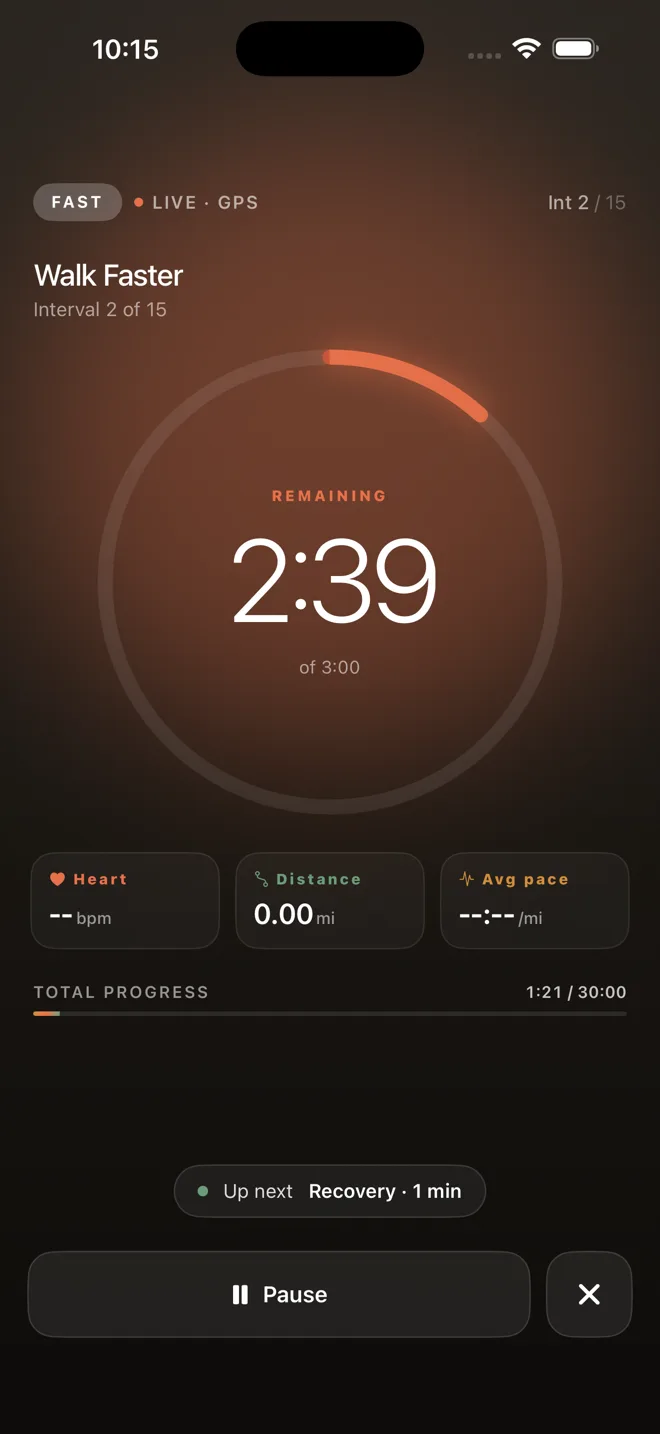 Fast interval screen with a countdown timer and up-next prompt